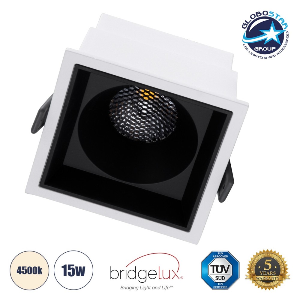 GLOBOSTAR® PLUTO-B 60276 Χωνευτό Downlight Σποτ με Honeycomb Anti Glare Reflector LED 15W 1950lm 38° AC 220-240V IP20 Φυσικό Λευκό 4500K - Bridgelux COB Chip & TÜV SÜD Driver - Λευκό & Μαύρο Ματ - Μ10.4 x Π10.4 x Υ6.5cm - Q9.5 x 9.5cm - 5 Χρόνια Εγγύηση
